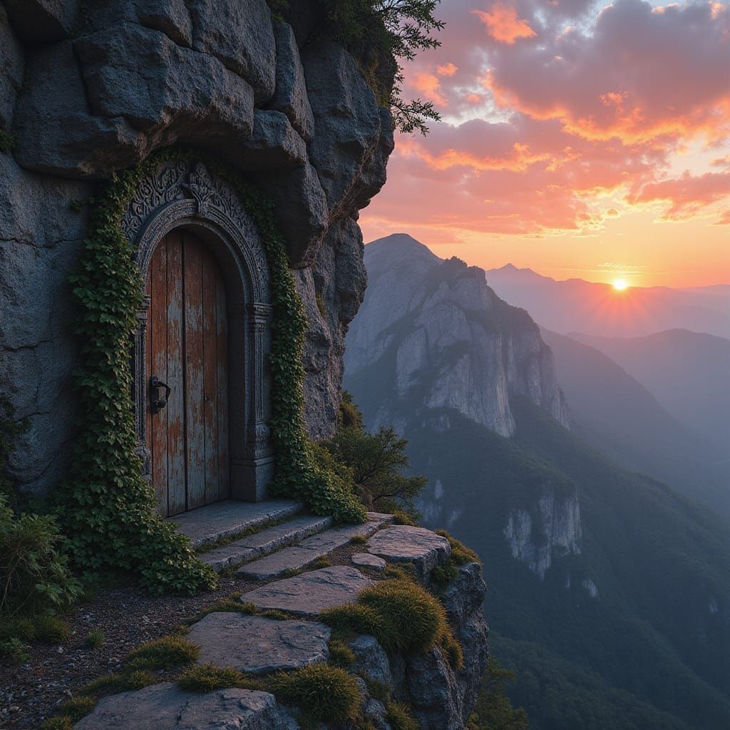 Ancient Door to Fantasy World at Sunset
