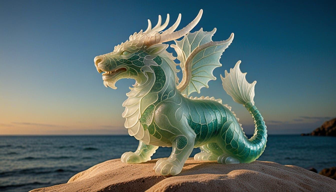 Seaglass Dragon Sculpture with Trident in Mediterranean Sett...