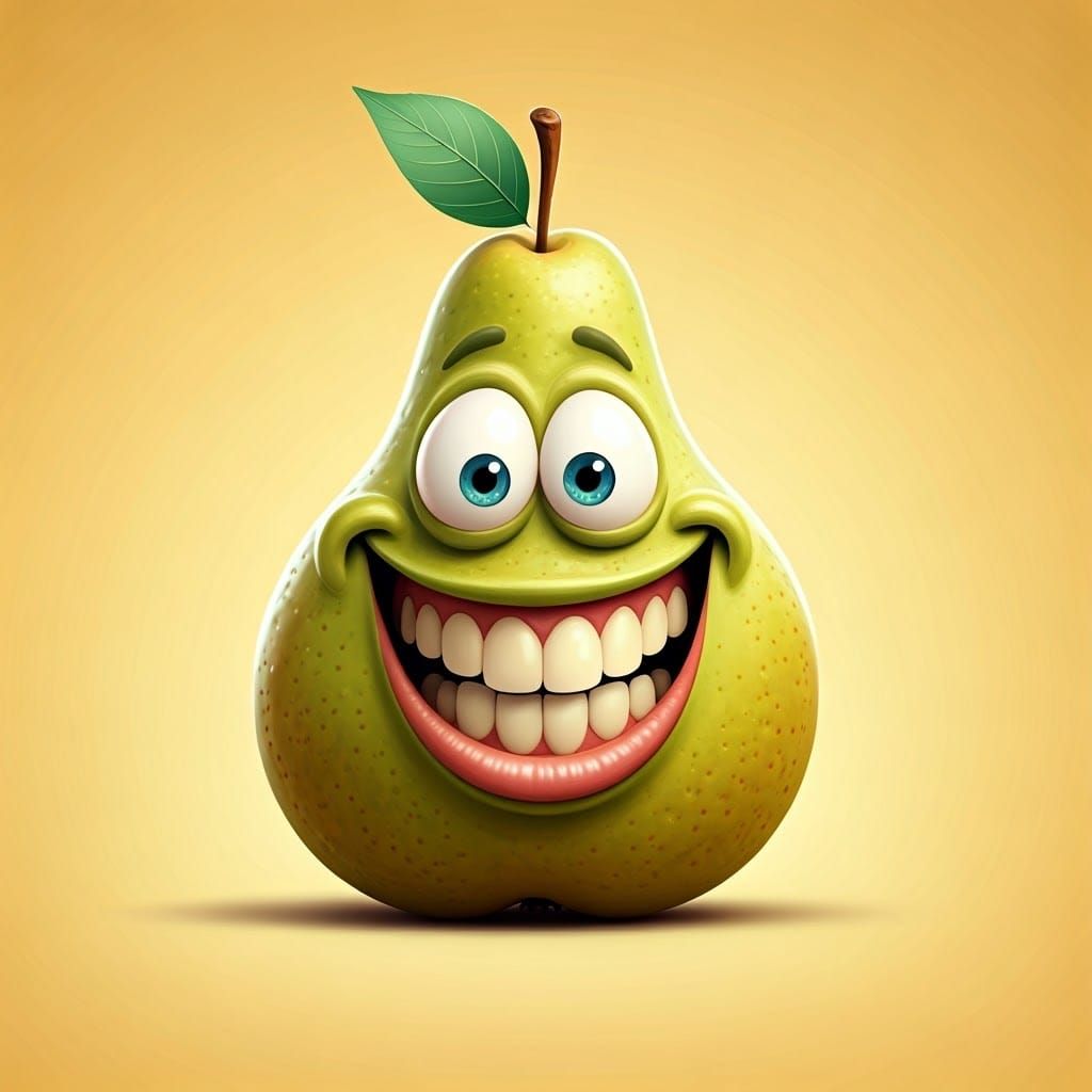 Cheerful Anthropomorphic Pear with Exaggerated Happy Face