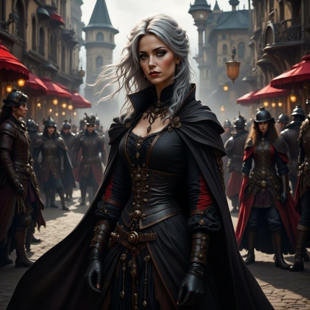 Mysterious Noblewoman in Crimson Amidst Medieval Town