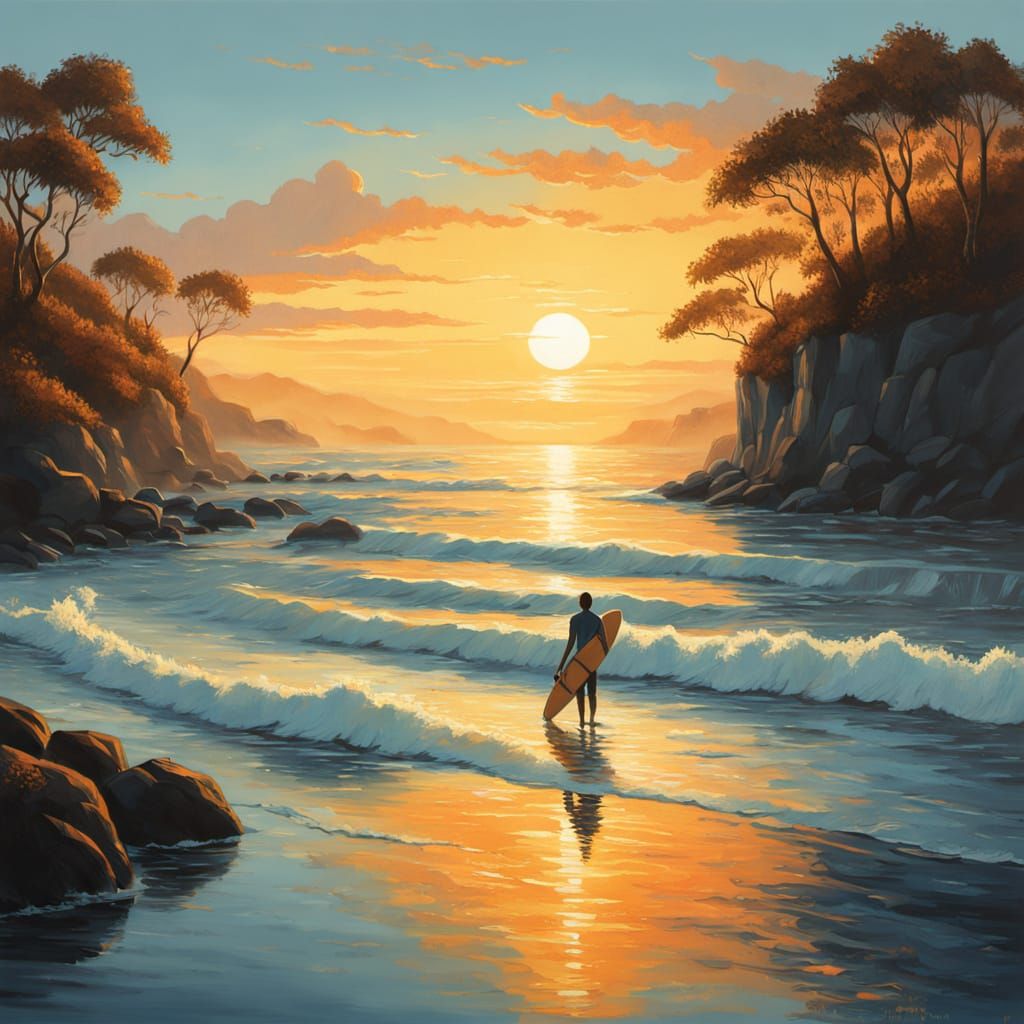 Serene Beach Scene at Sunset with Silhouetted Surfer