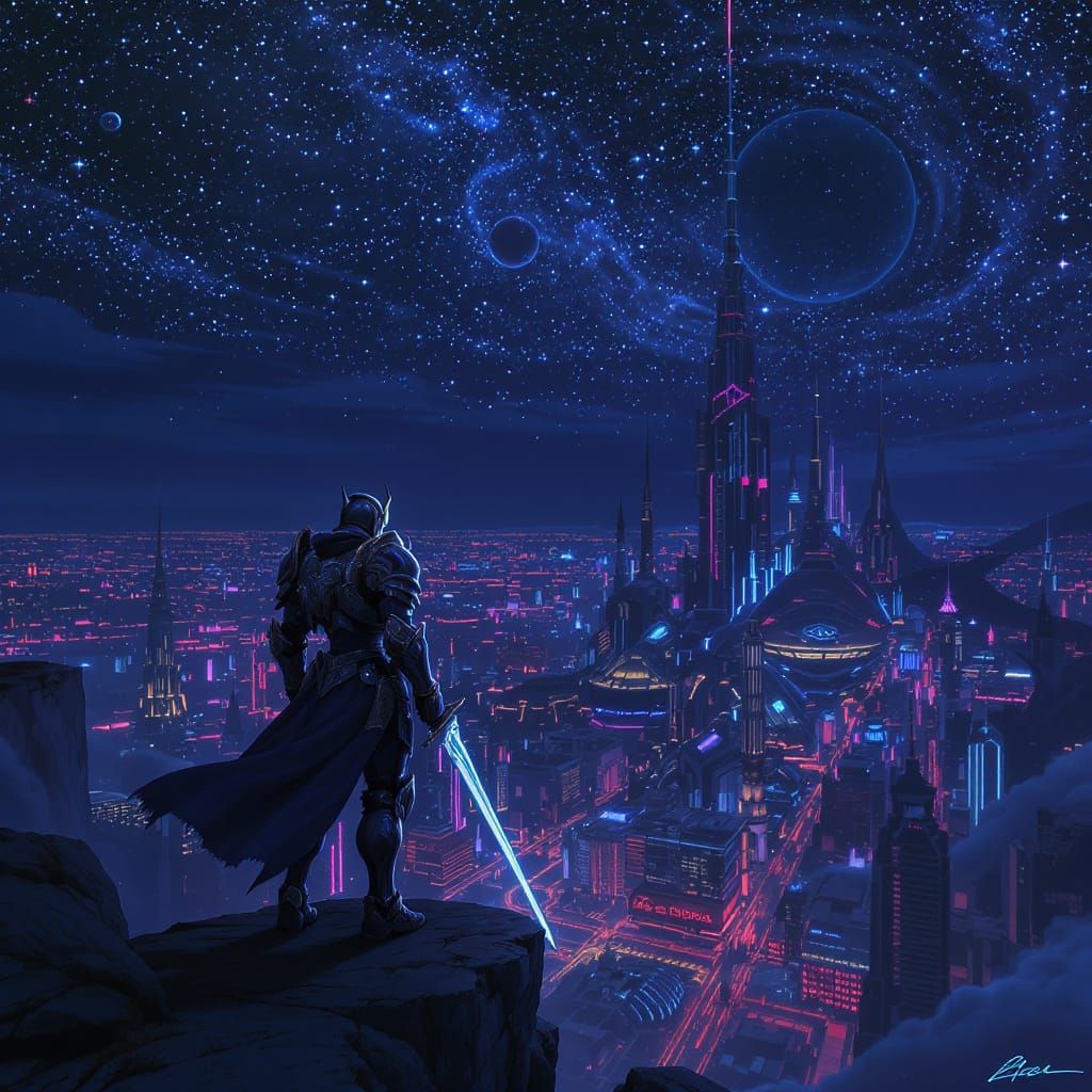 Cyberpunk Knight Overlooking Futuristic City