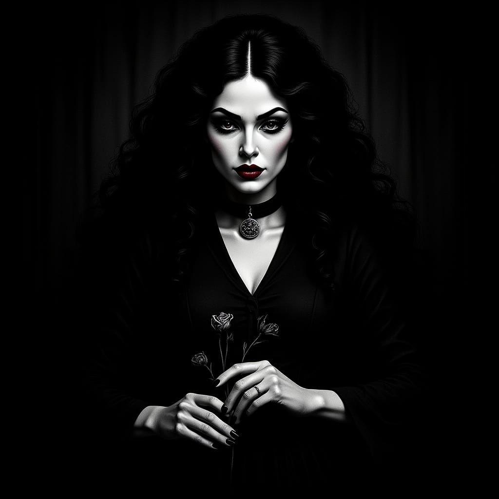 Morticia Addams in Dark Academia Gothic Style