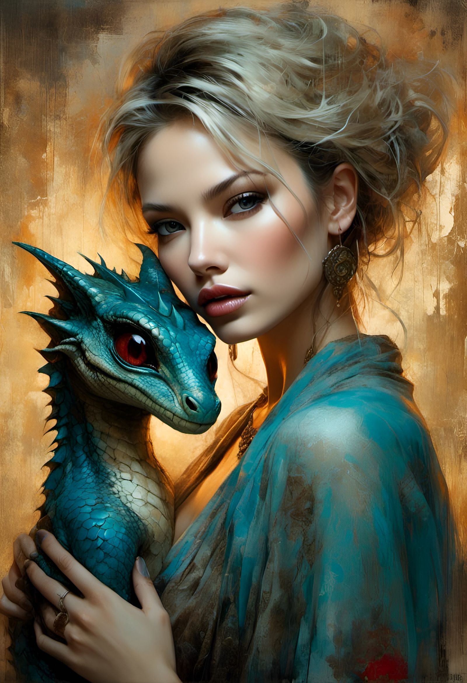 Dreamlike Portrait: Woman and Dragon in Grunge Style