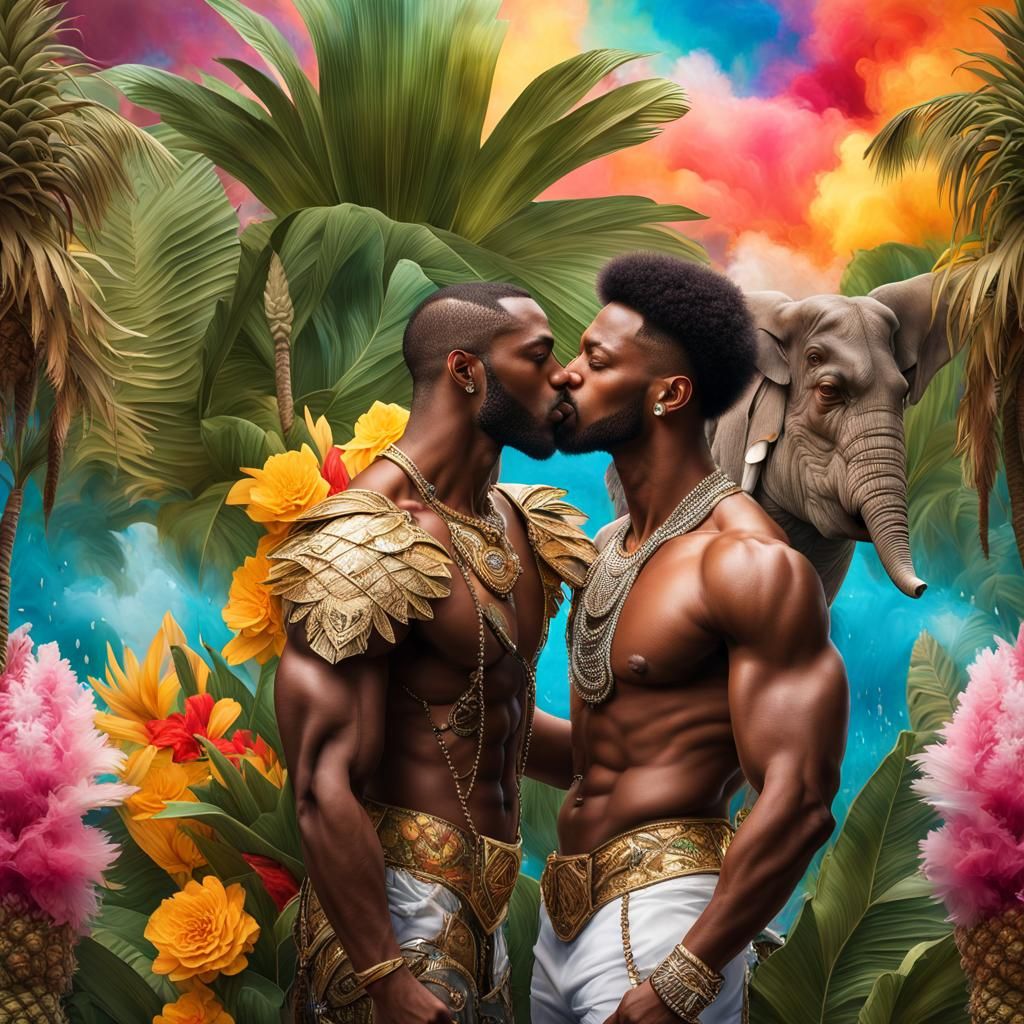 Hyperreal Kiss with Tropical Armor and Flowers