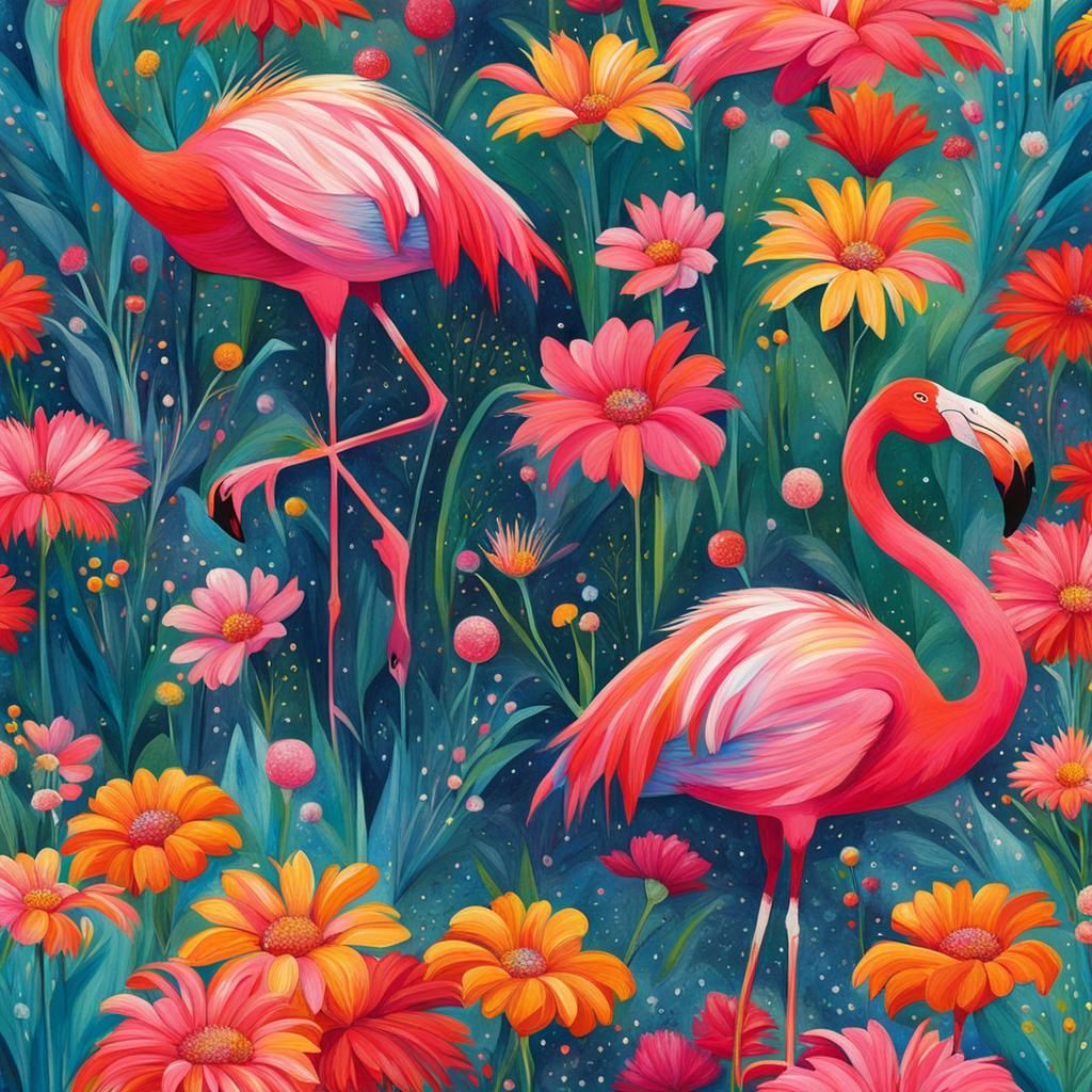 Flamingo in a Sparkling Flower Field