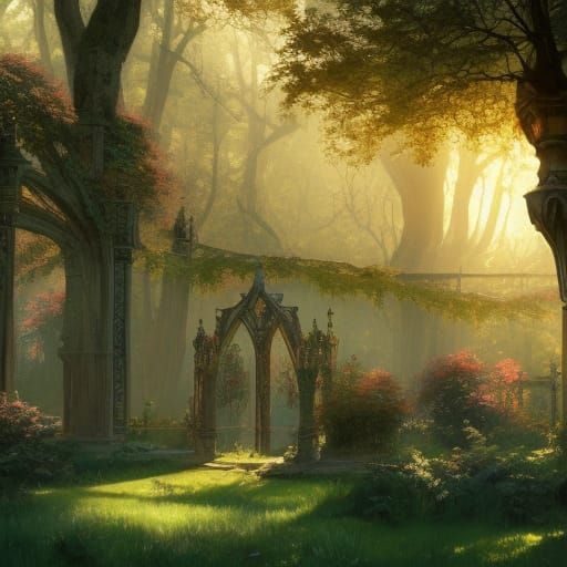 Victorian Garden by Turquoise Lake in Golden Sunlight