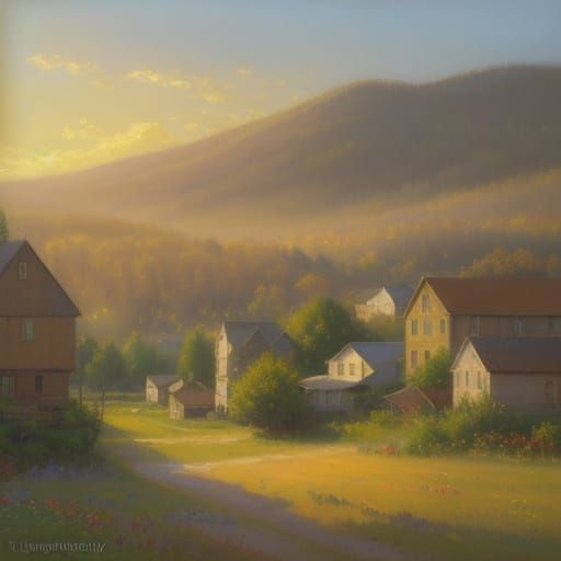 Impressionist Oil Painting of a Small Town Scene