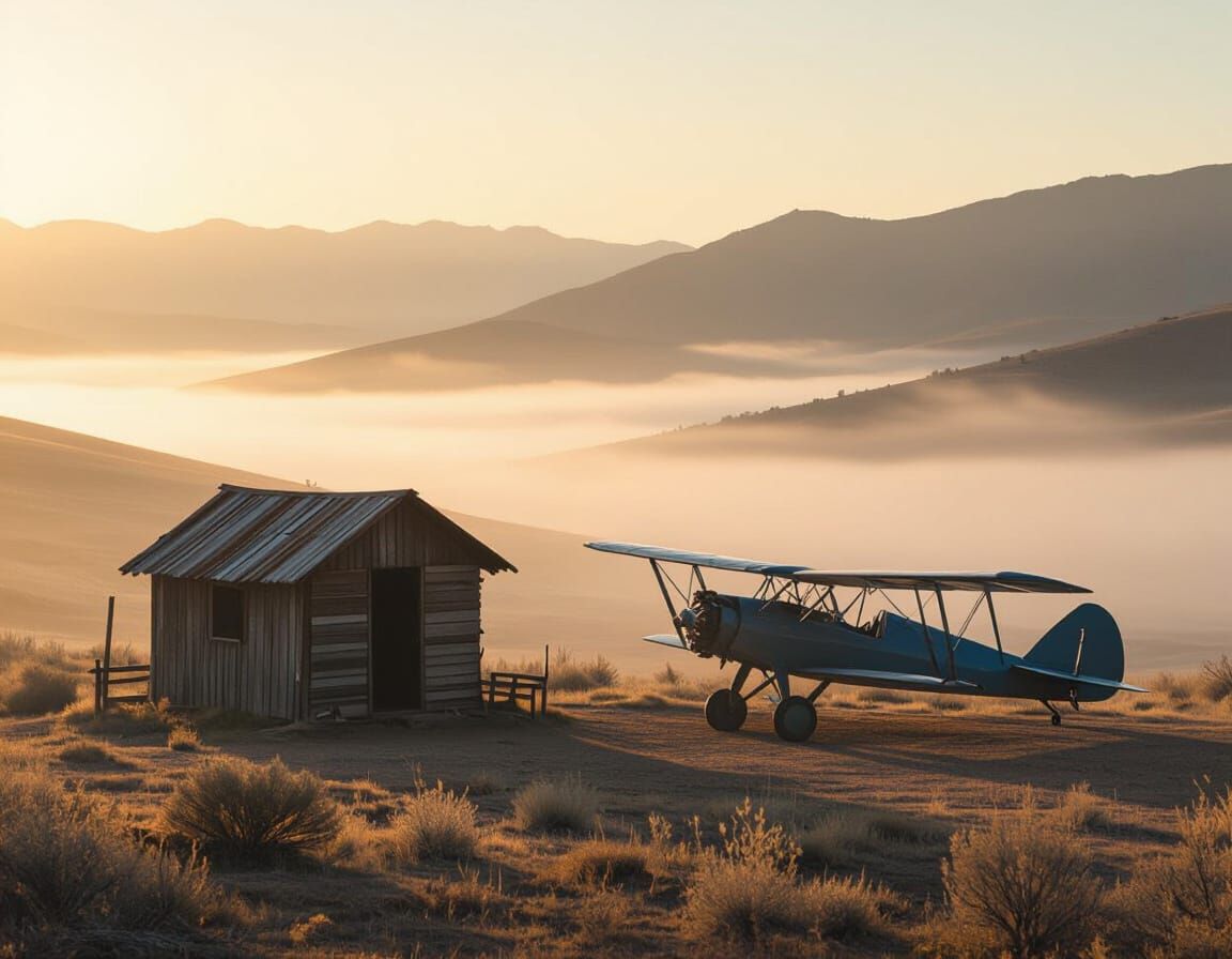 Vintage Biplane at Dawn in Serene Desert Landscape