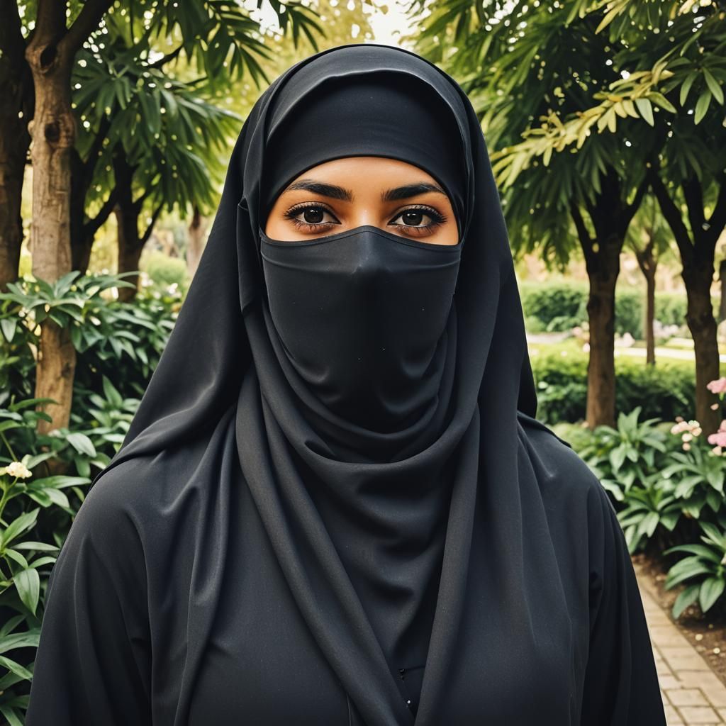 Joyful Niqabi Portrait in Garden Setting