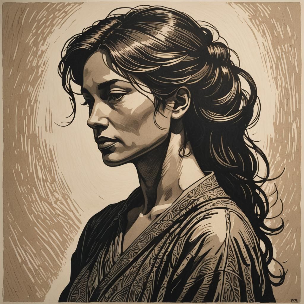 woodcut, linocut, relief print. A woman stands confidently, ...