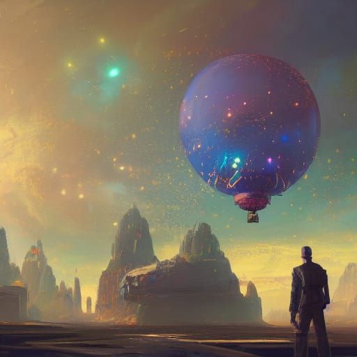Sci-Fi Character Before Balloon, Oil Painting Style