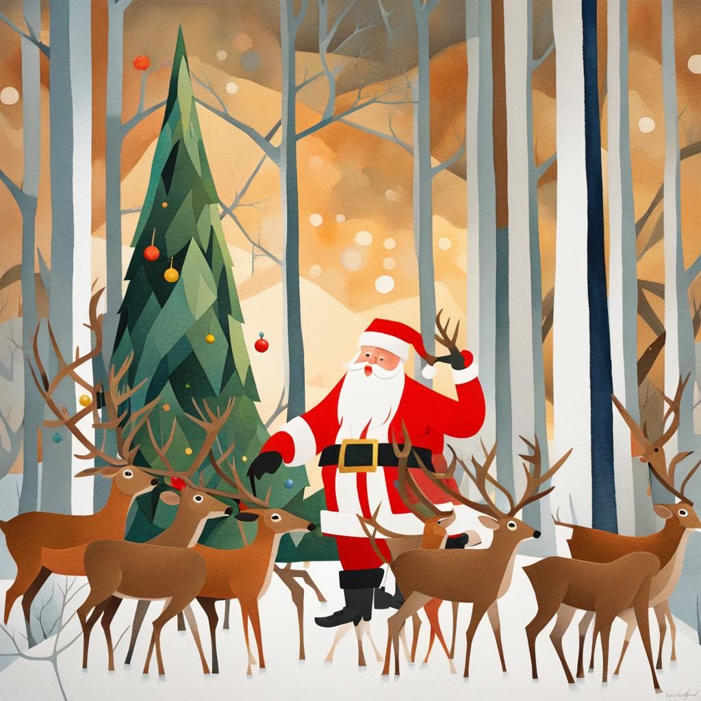 Santa Claus Tending Reindeer in Watercolor Gouache Style