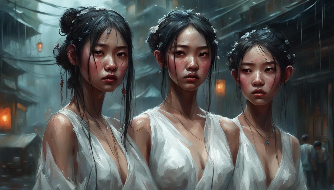 Vietnamese Women in Rain, Hyperdetailed Fantasy Art