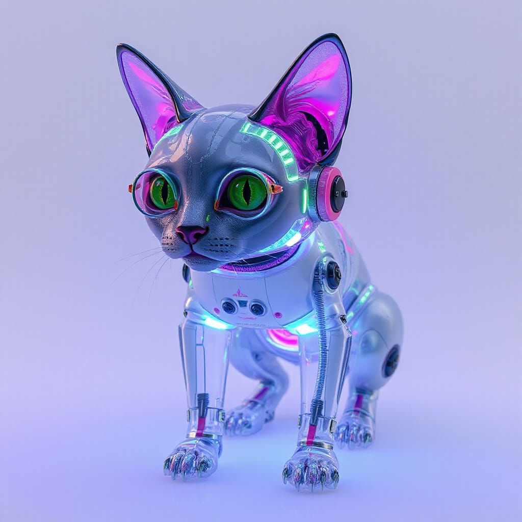 Cybernetic Feline Emerges from Neon Haze