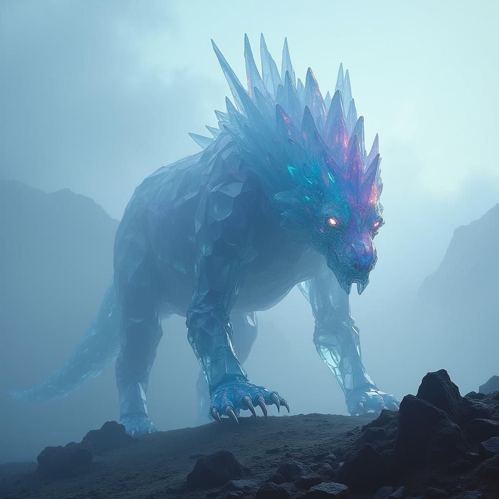 Majestic Translucent Glassbeast on Misty Mountain Plateau