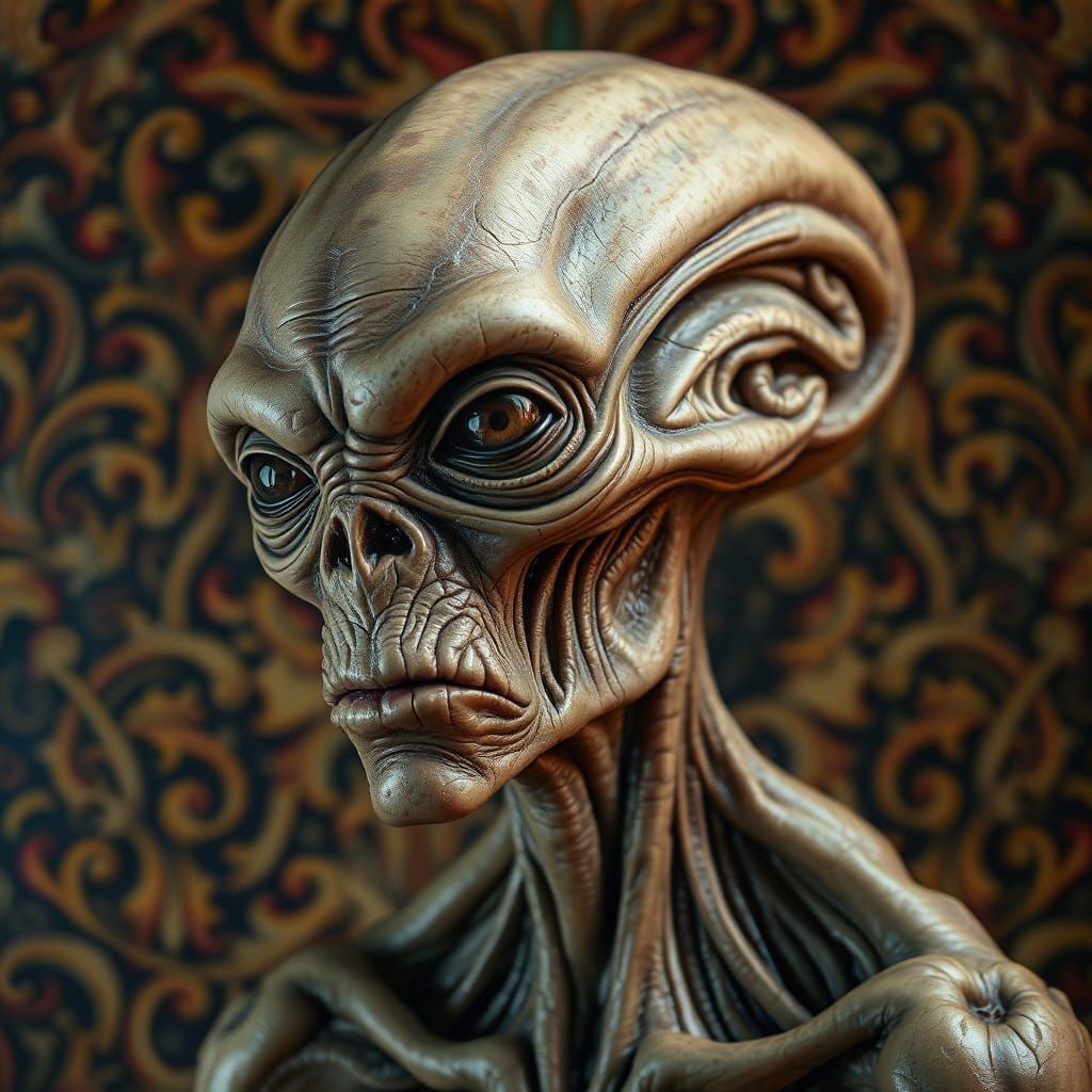 Ancient Alien in Golden Light, Flemish-Inspired Hyperrealism