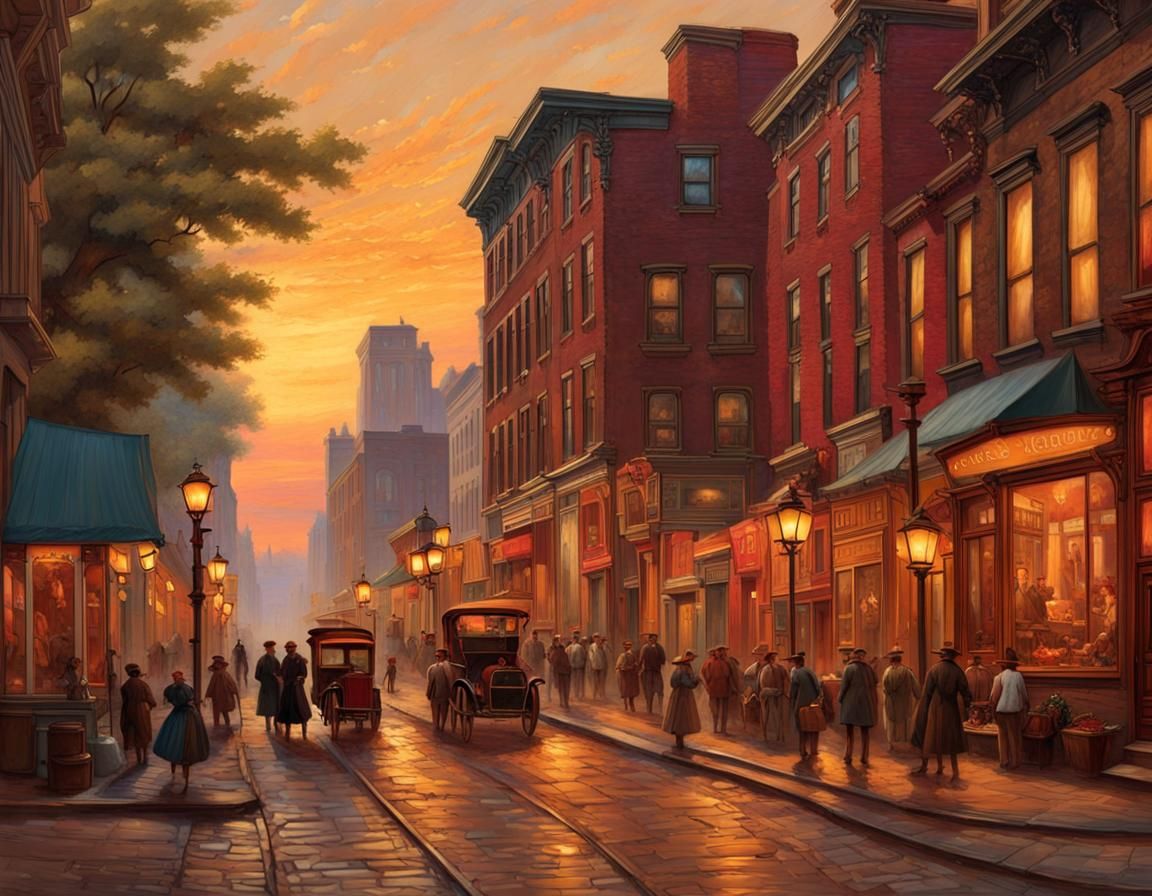 Vibrant 1800s Cityscape at Golden Hour