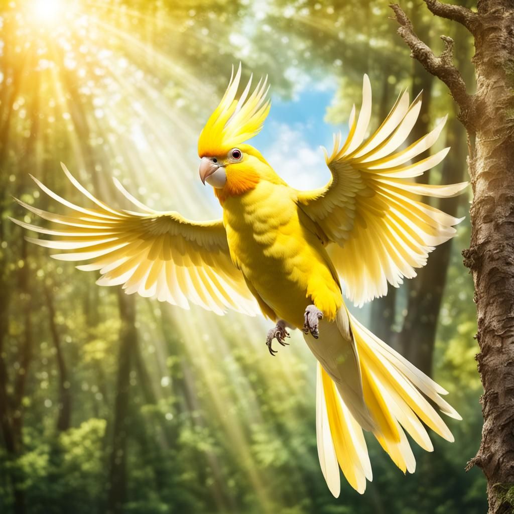 Cockatiel Flying Through Sunlit Woodland Scene