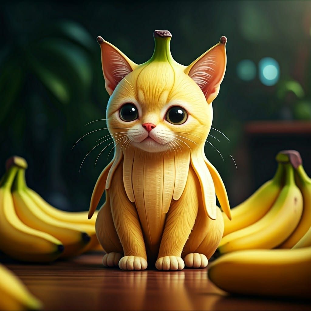 Whimsical Banana Cat Hybrid in Quaint Setting