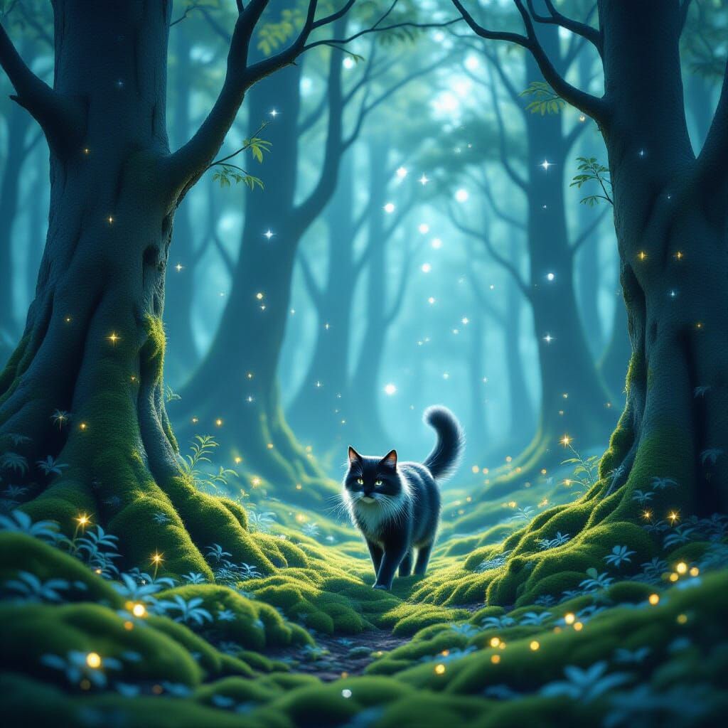 Mystical Cat in Starlight Forest