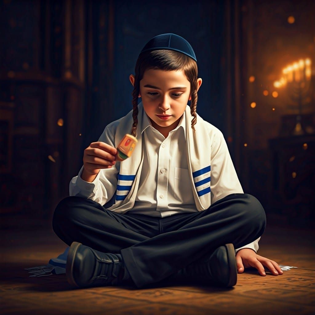 Orthodox Jewish Boy Spins Dreidel in Golden Light