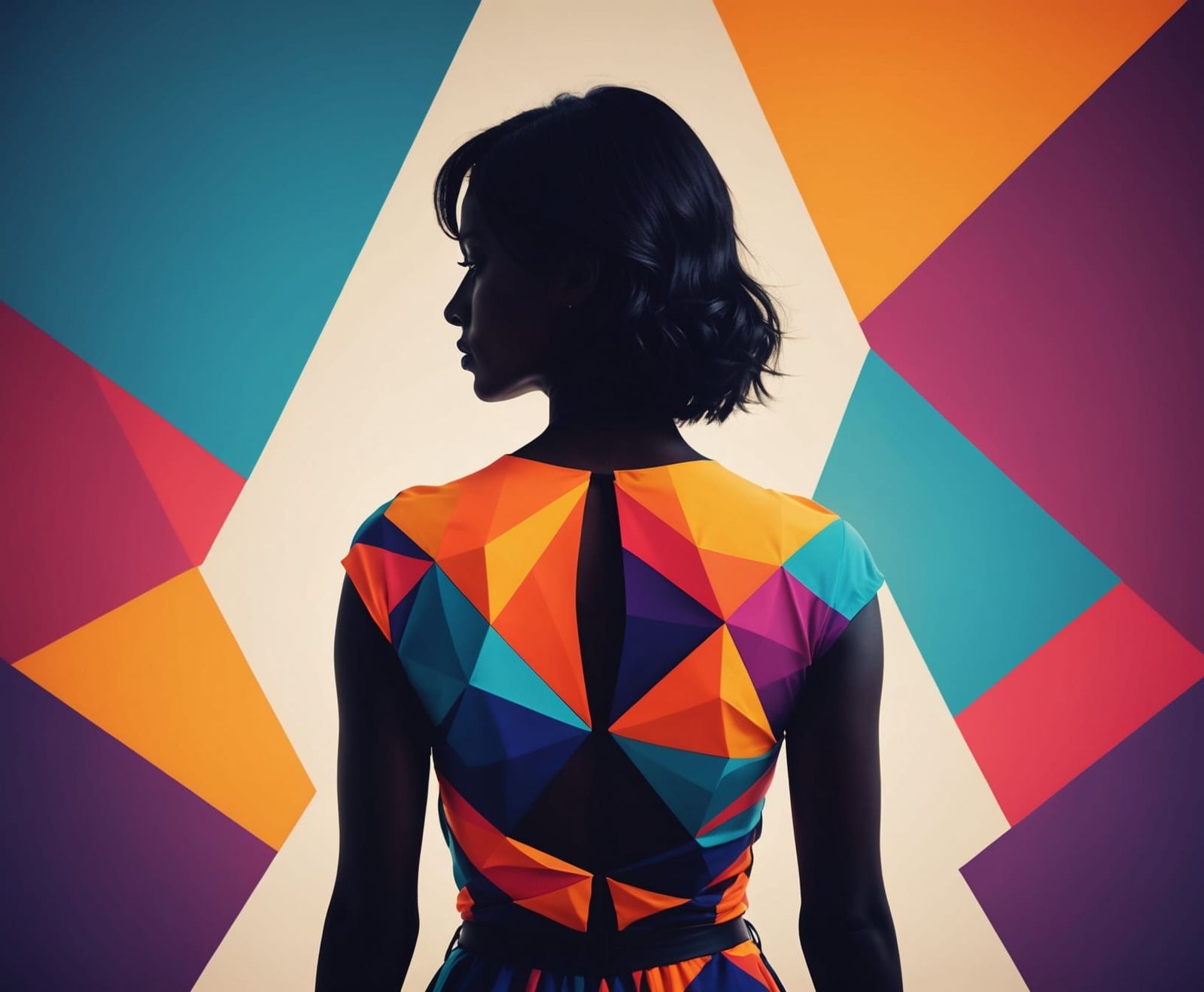 Abstract Silhouette of Woman Blending into Geometry