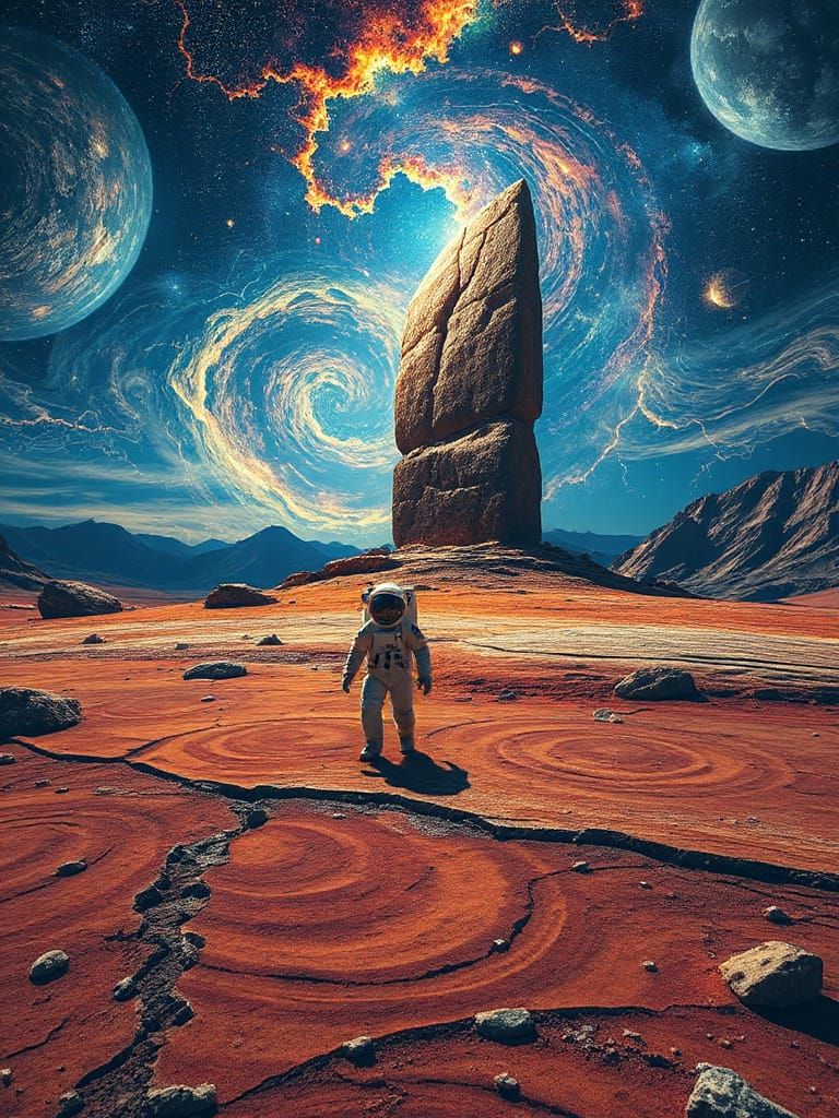 Astronaut and Ancient Monolith on Distant Planet