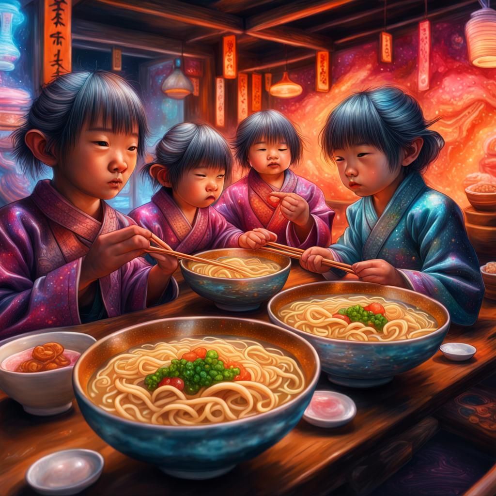 Halflings Feast in Ramen House: Cosmic Illustration