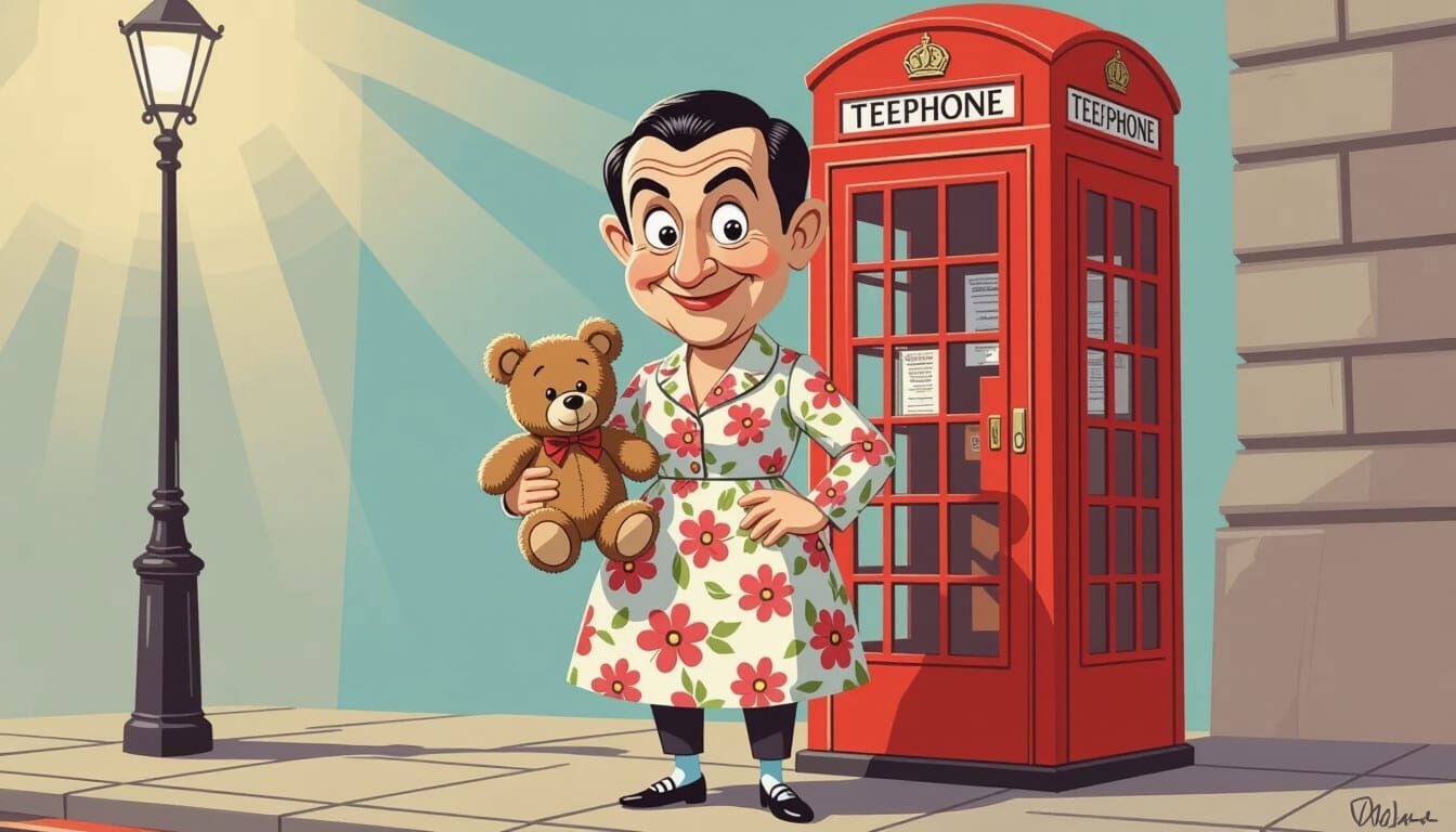 Mr Bean Caricature in Floral Dress with Teddy