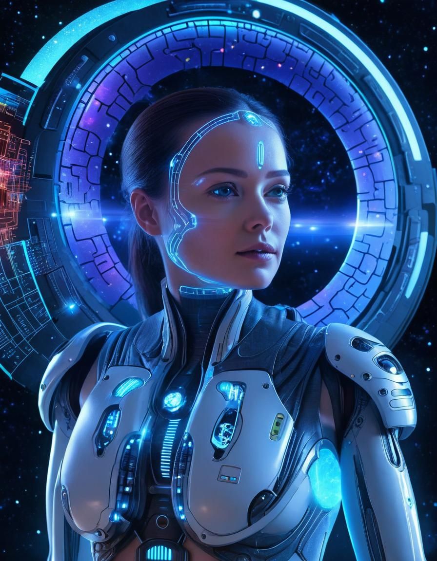 Android Woman in Laboratory with Space Portal