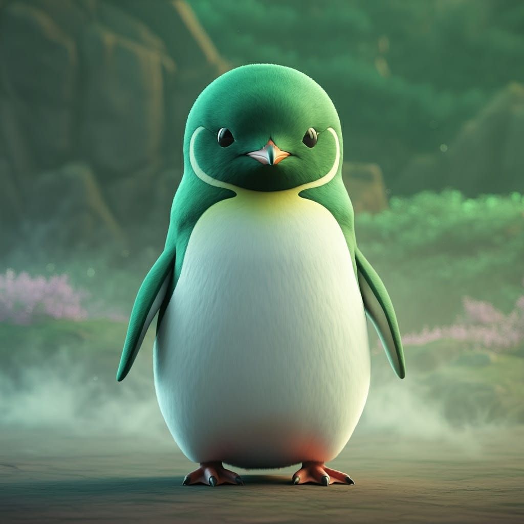 Anime Green Penguin in Ethereal Landscape