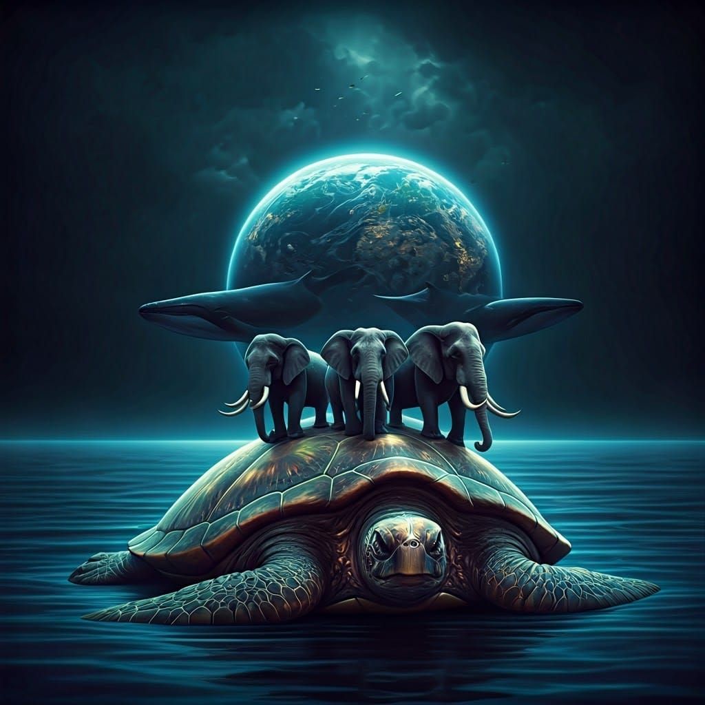 Majestic Turtle with Elephants and Earth on Whales