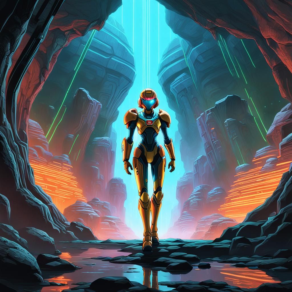 Samus Aran in Alien Cave: Retro Sci-Fi Illustration