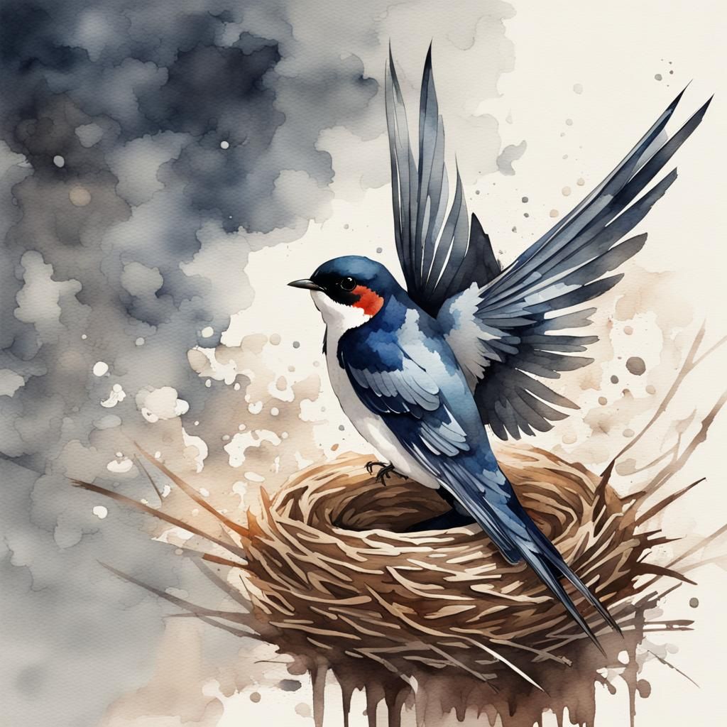 Swallow Near Nest in Stylized Watercolor