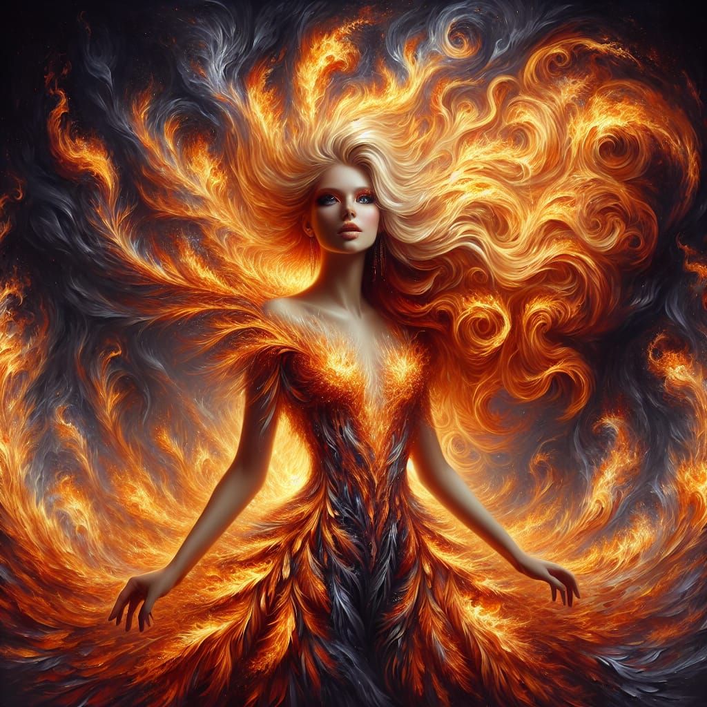 The Firemaiden: Goddess of Flame in Oil Painting Style
