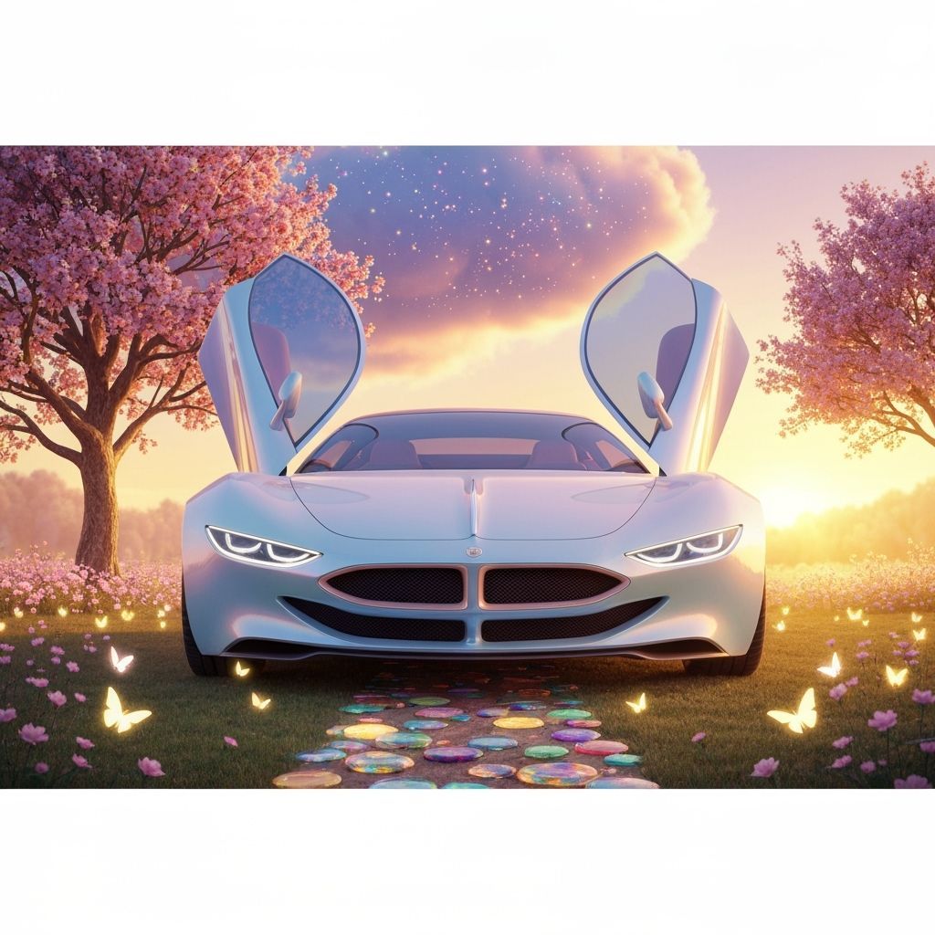 Futuristic Luxury Car in Enchanted Garden, Digital Art