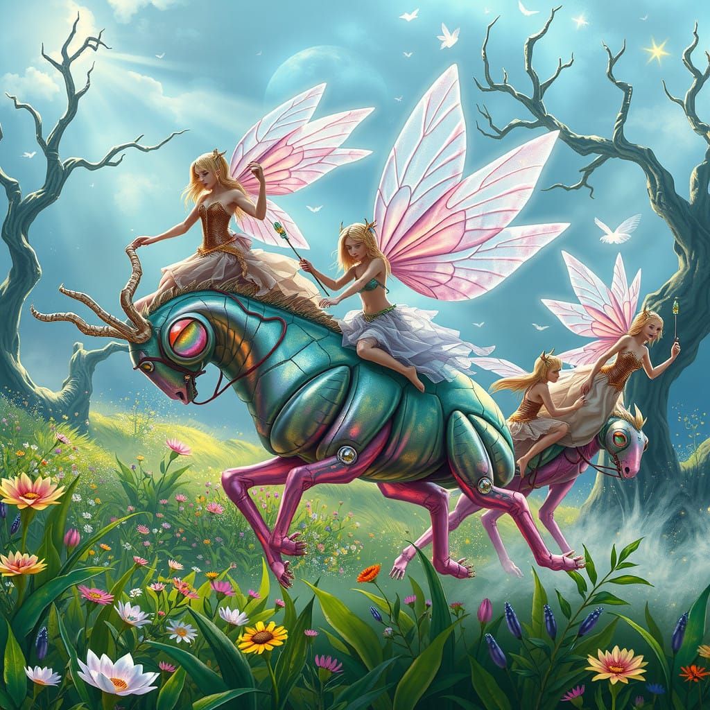 Fae Riders on Iridescent Alien Steeds in Vibrant Meadow