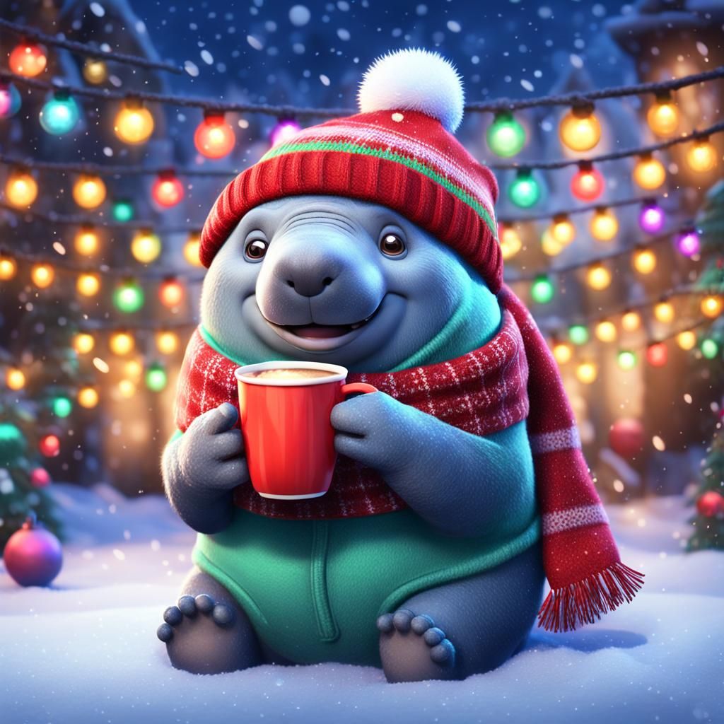 cute christmas manatee with a beanie on, holding cup of coff...