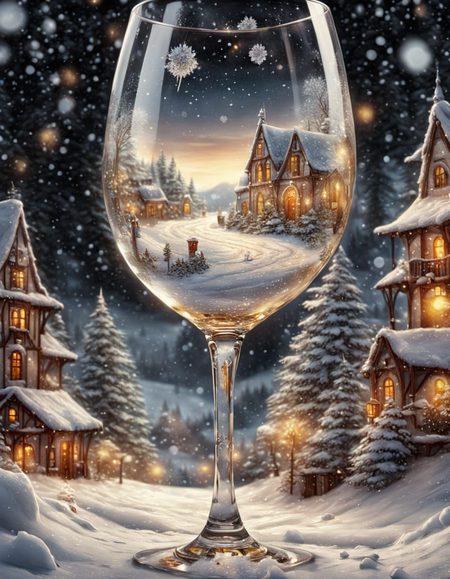 Fantasy Wine Glass with Snowy Village Scene