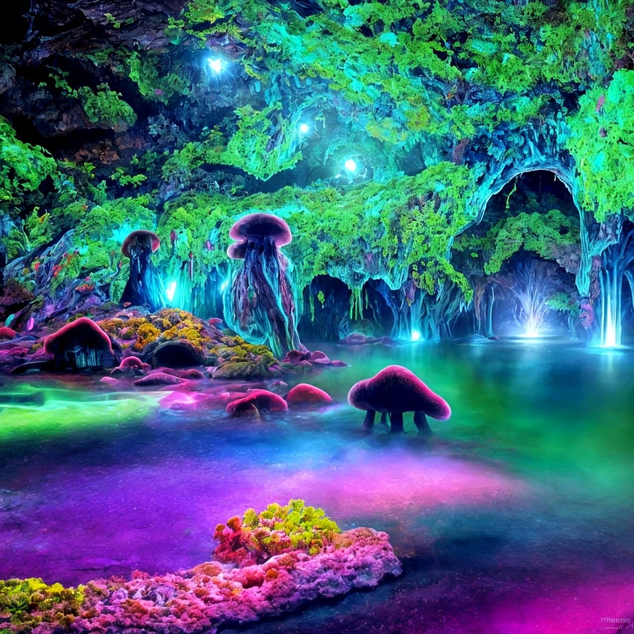 Bioluminescent Cave with Neon Fungi, Astral Illustration