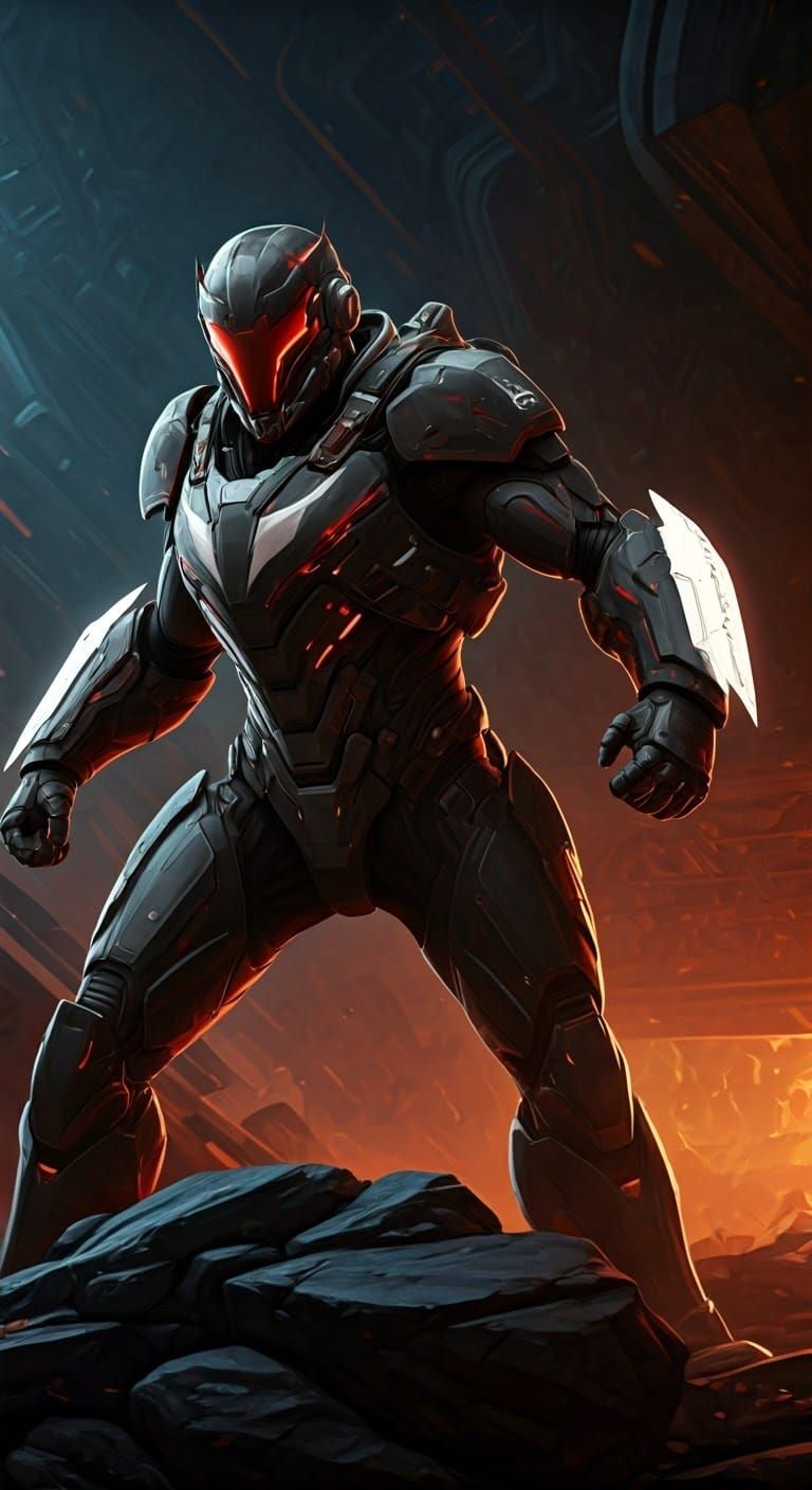 Futuristic Warrior in High-Tech Environment, Matte Painting