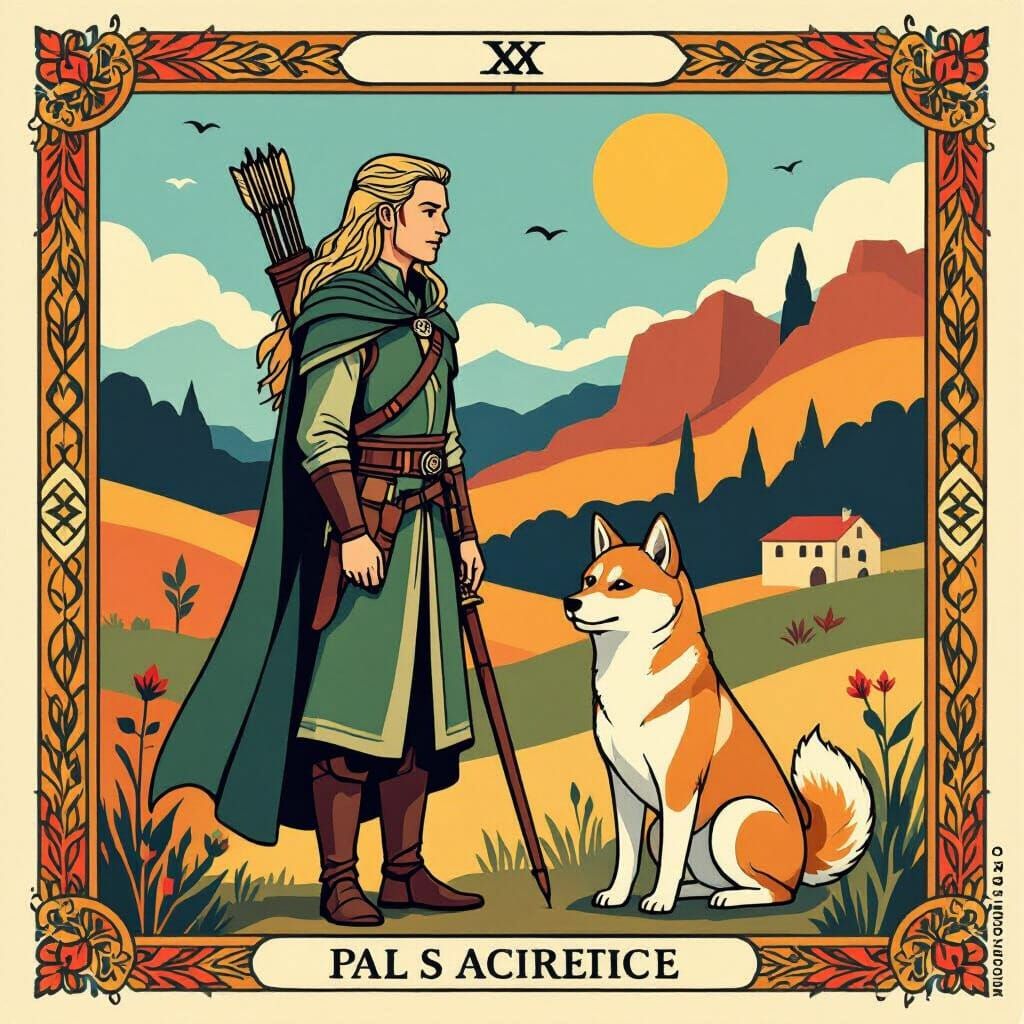 Legolas and Shiba Inu in Marseille Tarot Style