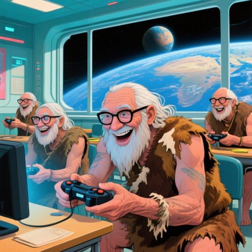 Elderly Cavemen Play Video Games in Futuristic Classroom