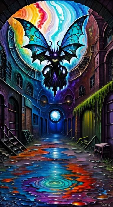 Psychedelic Bat Fairy in Abandoned Sewer: Acrylic Pour Art