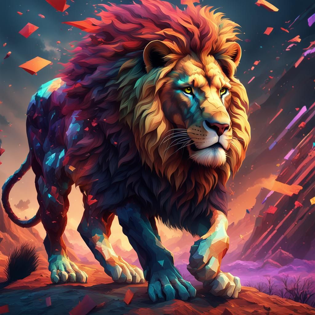 Majestic Lion Merging with Digital Glitch Art