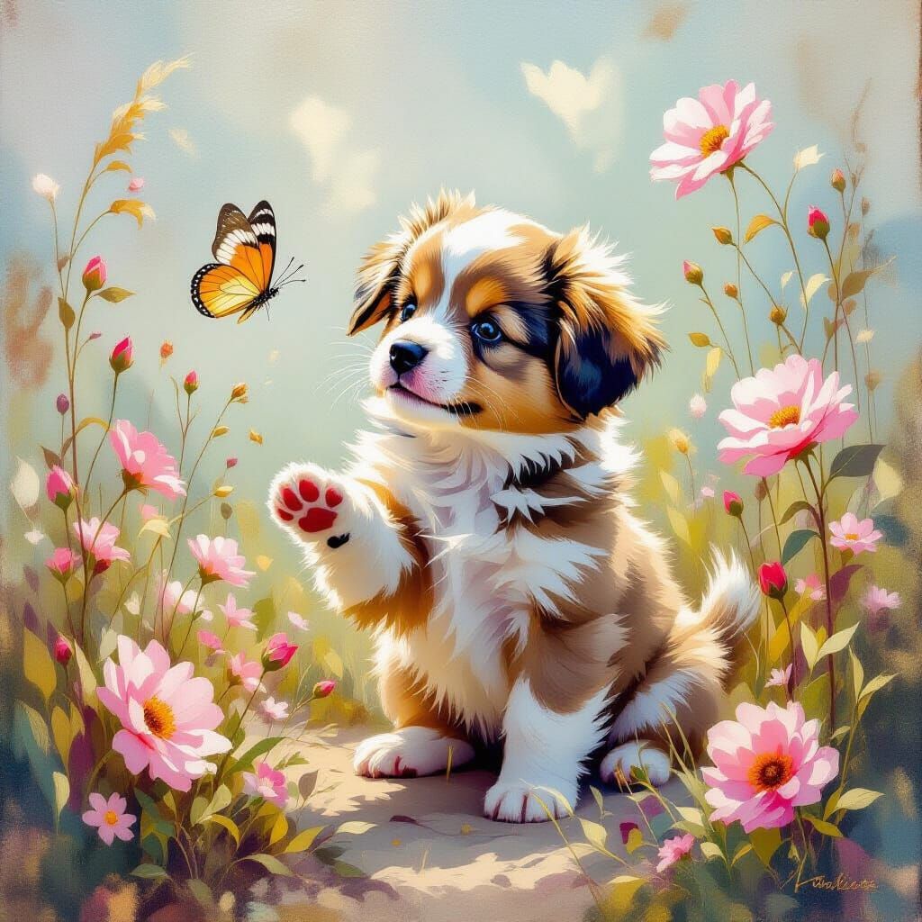 Puppy's Butterfly Dream: Impressionist Rococo Painting