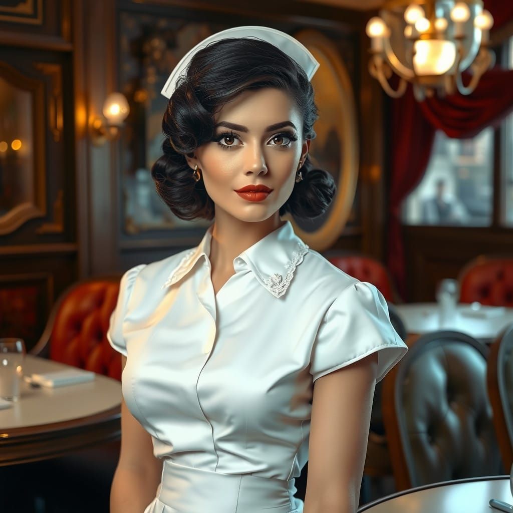 Elegant French Nurse in Vintage Parisian Cafe