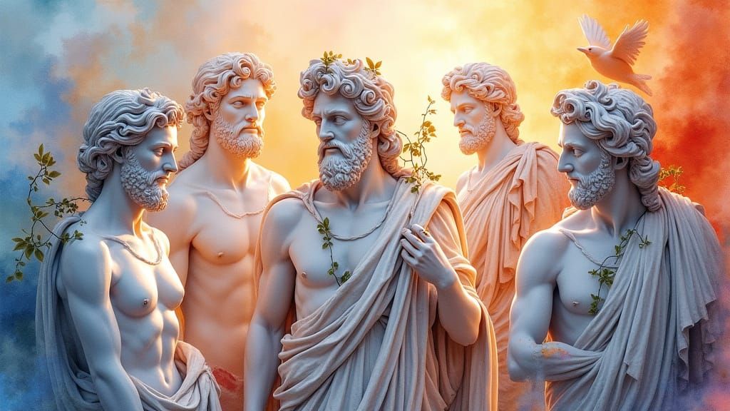Hyper-Detailed Greek God Statues in Watercolor Style