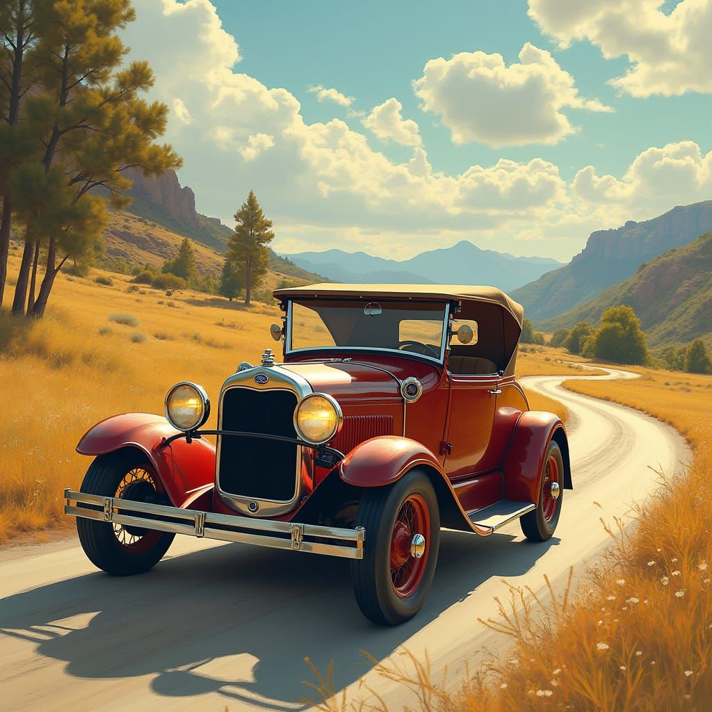 Classic 1929 Ford on Scenic Road, Vintage Style